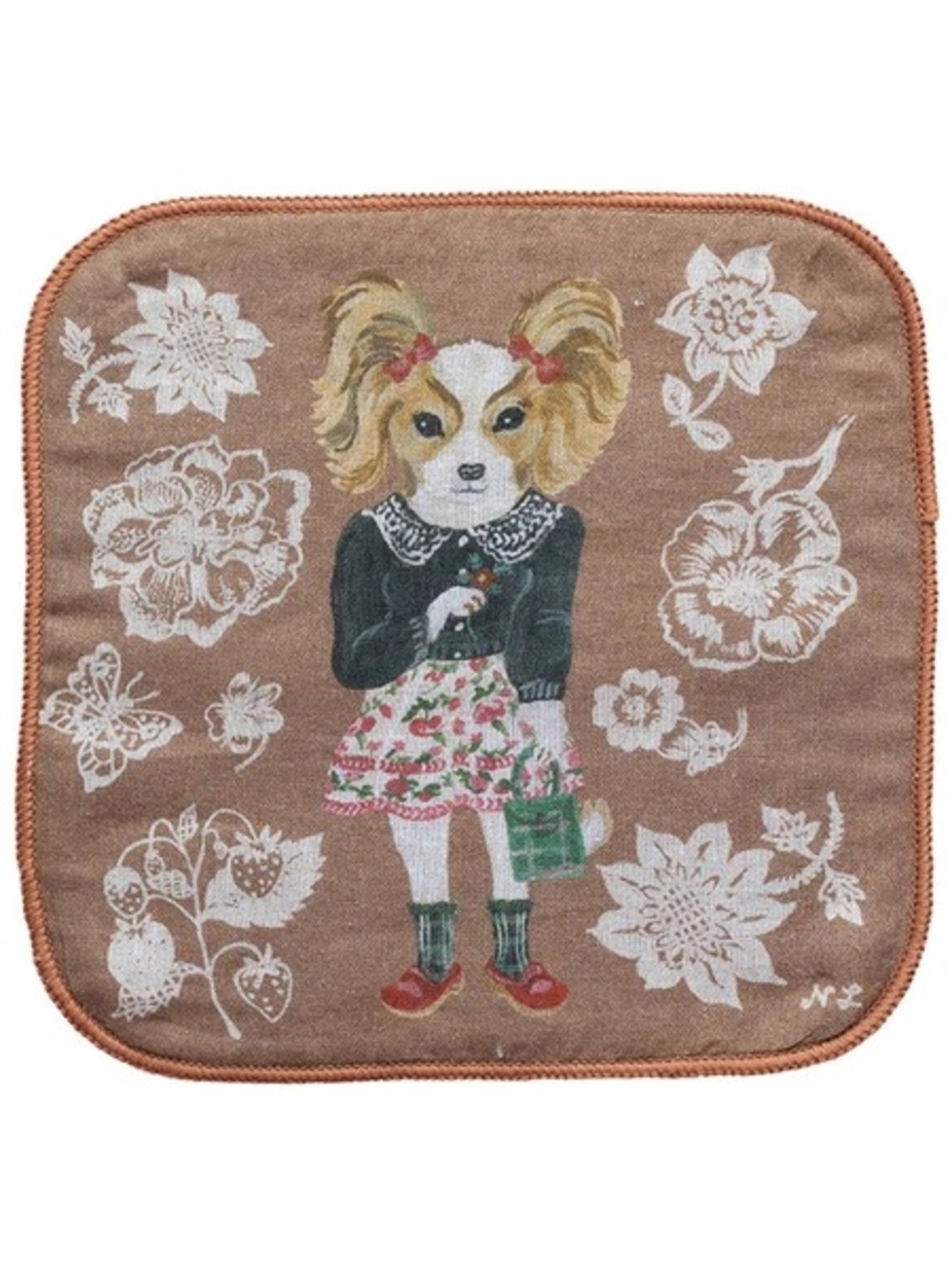 Nathalie Lete! Hand Towel Wash Cloth. Animals, cats! Japan Import. Brown w/ Dog